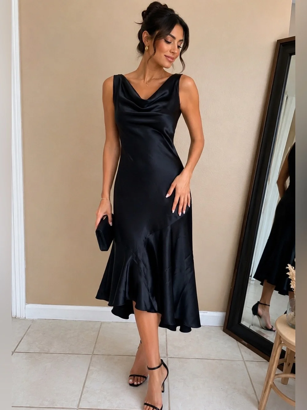 Black Satin Cowl Neck Midi Dress Size 2 Elegant Evening - Picture 1 of 15